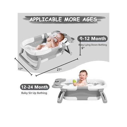 MoreFeel Collapsible Baby Bathtub for Newborn with Thermometer & 1 Hooded Towel & 1 Soft Floating Cushion,Portable Travel Bathtub with Drain Hole, Durable Foldable Baby Tubs for Infants to Toddler