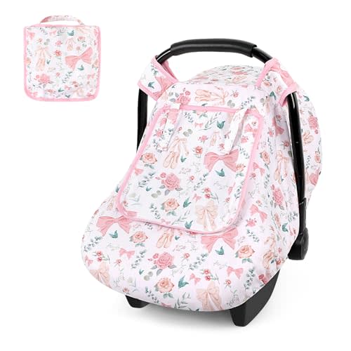 Baby Car Seat Cover Winter, Windproof Carseat Covers for Newborn with 2 Layers Window, Pink Flowers Infant Car Seat Canopy for Girls with Minky Dot Backing, Keeps Babies Warm and Cozy