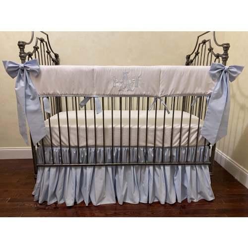 White and Pale Blue Baby Bedding - Baby Boy Crib Bedding, Crib Rail Co - Just Baby Designs