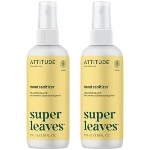 ATTITUDE Hand Sanitizer Spray for Adults and Kids, EWG Verified, Kills Bacteria and Germs, Vegan, Lemon Leaves, 3.38 Fl Oz (Spray Bottle) (Pack of 2)