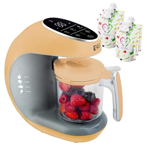 EVLA'S Baby Food Maker, Steamer, Blender, Baby Food Processor for Healthy Homemade Baby Food in Minutes, Touch Screen with 6 Reusable Food Pouches, Baby Registry Essential, Peach