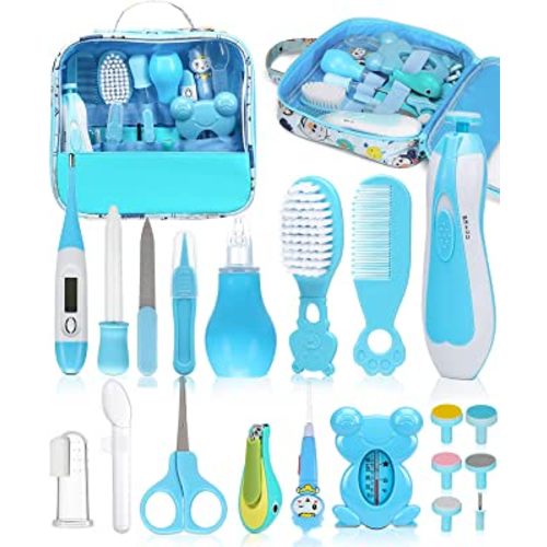 Baby Healthcare and Grooming Kit, Electric Safety Nail Trimmer Baby Nursery Kit, Newborn Care Kits with Hair Brush Comb for Newborn Infant Toddlers Baby Boys Girls Kids, Baby Shower Gifts (Blue)