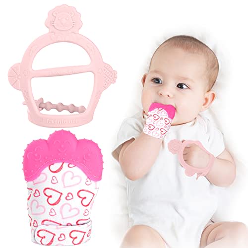 Vicloon Silicone Teething Mitt, 2Pcs Baby Teething Mitten, Baby Teething Toy with Adjustable Strap, Crinkle Sound and Textured, Baby Teething Mitten Self Soothing Baby Chew Toys for 0-6month Infant