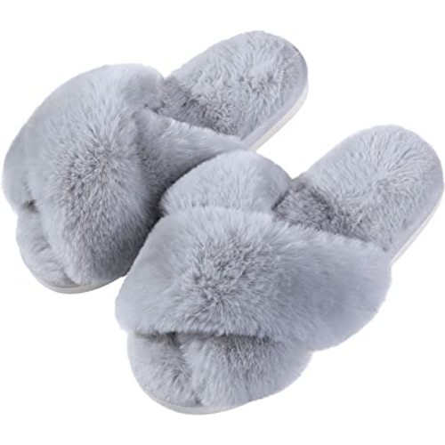 Evshine Women's Fuzzy Slippers Cross Band Memory Foam House Slippers Open Toe