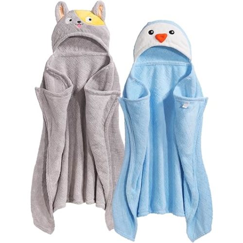 Baby Towels with Hood 0-5 Years, 2 Pack Coral Fleece Large Size 50 in*32 in Toddler Bath Towel, Ultra Absorbent Thick Soft for for Baby Kids Chirdern, Blue&Grey Set