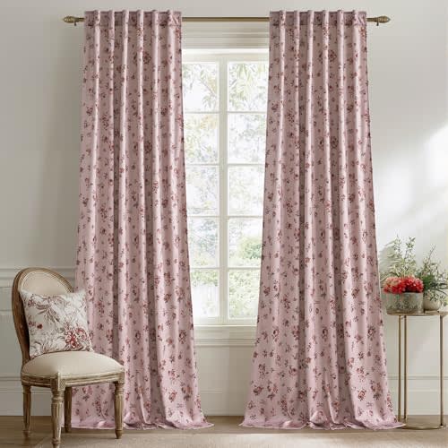 StangH Dusty Rose Pink Floral Curtains 84 inch, Printed Velvet Drapes with Romantic Rose Pattern French Country Home Decor for Girls Room Living Room, W52 x L84, 2 Panels