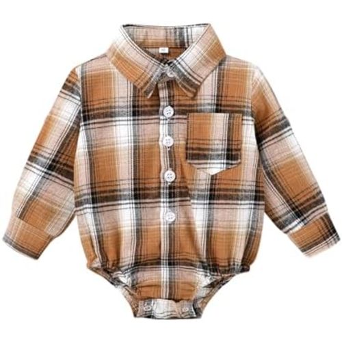 HAPPYMA Newborn Baby Boy Girls Plaid Outfit Flannel Romper Tops Infant Long Sleeve Button Down Plaid Casual Bodysuit Clothes
