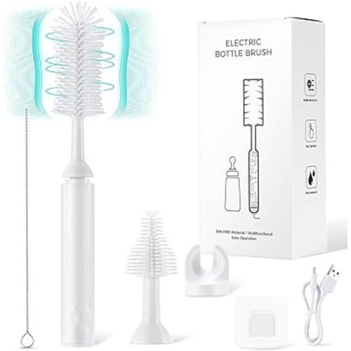 Electric Bottle Brush Cleaner - Professional Baby Bottle Cleaner and Brush for Infant Accessories and Straw Cups - Rechargeable with Interchangeable Brush Heads