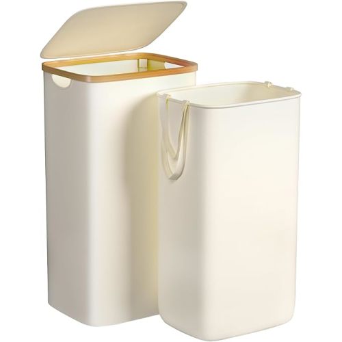 Large Laundry Hamper, 100L Waterproof Laundry Basket with Lid and Removable Bag, Collapsible Tall Clothes Hamper with Bamboo Handles for Clothes Toys in Dorm Bedroom Bathroom, Beige