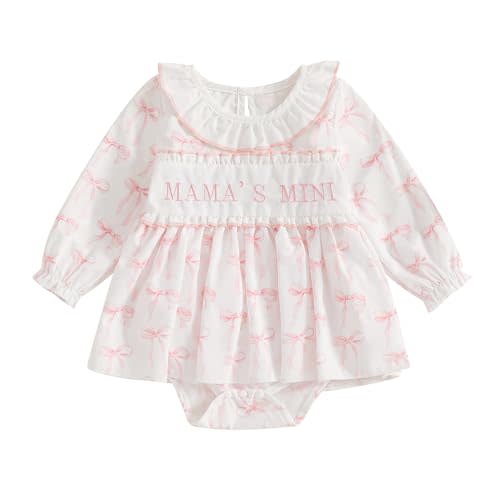 KMBANGI Mama's Mini Baby Girl Outfit Newborn Baby Girl Long Sleeve Romper Bowknot Smocked Romper Spring Fall Clothes 0-18M