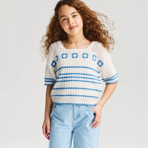 Girls' Short Sleeve Scalloped Striped Sweater - Cat & Jack™ Cream S