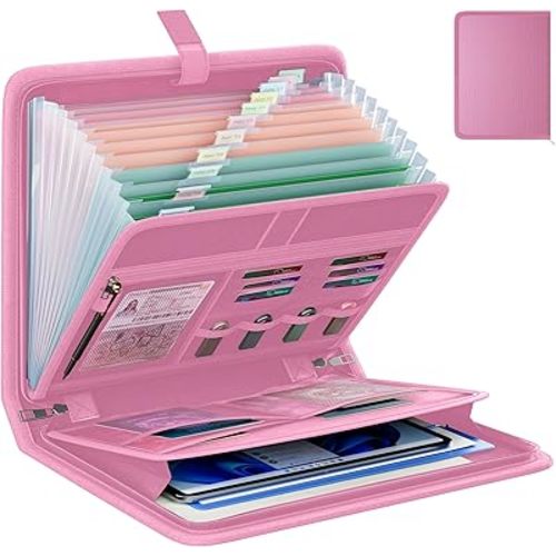 Fireproof Accordion File Organizer, Portable Expanding File Folder with Waterproof Zipper&Labels, Pink Document Organizer with 13 Pockets, File Organizer for Important Document/Paper Storage