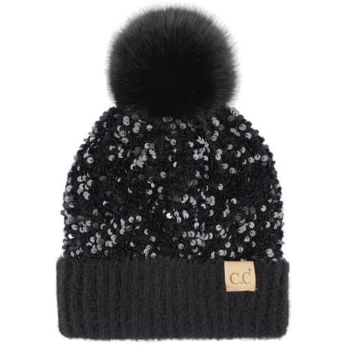 C.C Kids Sequin Fur Pom Beanie for Boys Girls - Comfortable Soft Warm Children Youth Knit Skully Hat with Faux Fur Pom