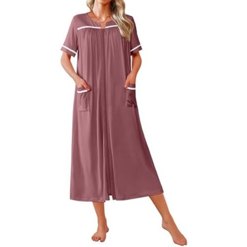 Ekouaer Zipper Robes for Women Short Sleeve Bathrobe Soft Lightweight Housecoat Full Length Nightgown with Pockets S-3XL