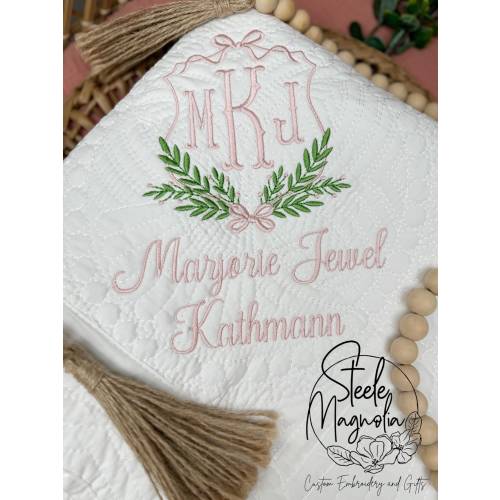 Grandmillenial Pink Bow Coquette Baby Blanket Custom Name Monogram Embroidered Baby Heirloom Quilt Personalized Name Decor Baby Girl Nursery