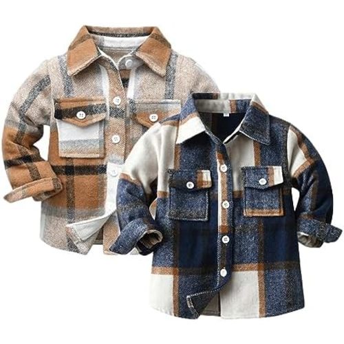 Feidoog Toddler 2 Pack Baby Boys and Girls Plaid Shirts Jacket Long Sleeve Lapel Button Down Top Outwear Clothes