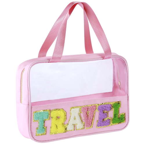 Chenille Letter Patch Clear Makeup Bag Preppy PVC&Nylon Makeup Bag with Handle and Zipper Waterproof Large Clear Travel Toiletry Bag Storage Bag for Women
