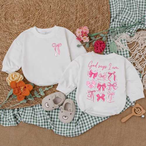 God Says I am Pink Bow Romper, Christian Baby Bodysuit, Christian Girl Gifts, Religious Shirt for Kids, Baby Shower Gift, Baby Girl Clothes