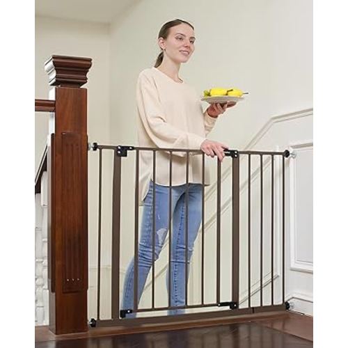 InnoTruth 28.9-42.1" Wide Baby Gate for Stairs, 30" Tall Dog Gates for Doorways Expandable One-Hand Open, Easy Walk Through Dual Lock Metal Pet Gates for Dogs, Brown-Family & Mom's Choice Award Winner