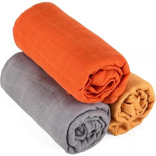 3-Pack Muslin Swaddle Blankets Large Neutral Orange Muslin Series