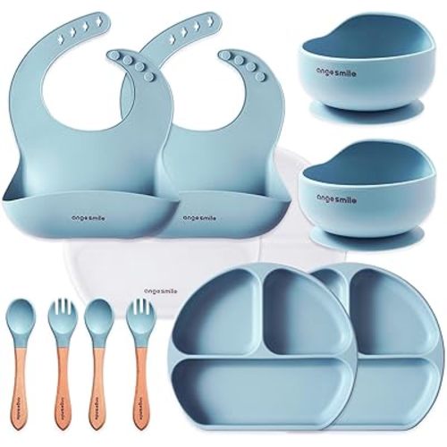 Baby Feeding Essentials Silicone Ange Smile 12 Set Bib, Baby Bowl, Suction Plate, Spoon, Fork Eating Utensils for 6+ Months Kids Toddler Kawaii (Blue)
