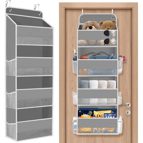 1 Pack Over The Door Organizer, Hanging Storage Organizer with Clear Window, 40lb Ultra Sturdy Large Capacity Room Organizer for Pantry Laundry Bathroom Nursery Closet Baby Essential (Grey)
