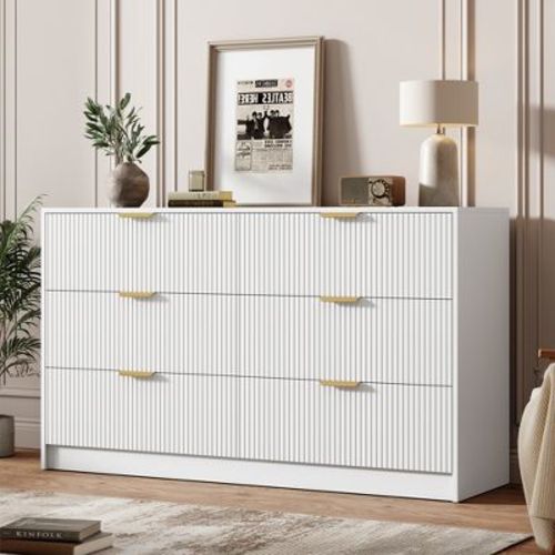 Garvee Fluted 6 Drawers Dresser for Bedroom, Wide Modern Chest of Drawers with Metal Handles, For Living Room, Entryway, Hallway, White