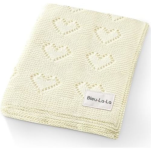 100% Cotton Unisex Heart Knit Swaddle Luxury Baby Blanket for Girls and Boys - Soft Warm Cozy Swaddling Receiving Stroller Crib Blanket for Newborns Infants Toddlers (Ivory, 0-2 Years)