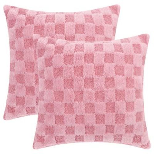 Unique Bargains Decorative Faux Fur Soft Cozy Plush Plaid Decorative Throw Pillow Covers 2 Pcs Pink 18" x 18"