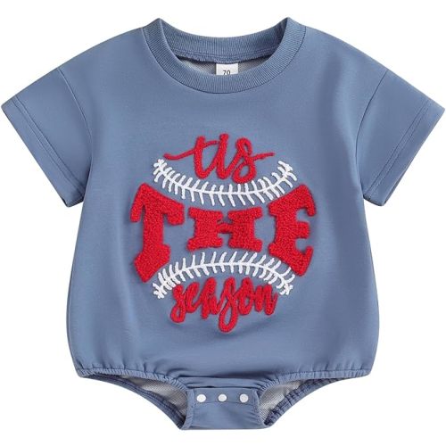 AEEMCEM Newborn Baby Boy Girl Baseball Outfit Tis the Season Embroidery Bubble Romper Oversized Tshirt Romper Bodysuit - A-blue - 3-6 Months