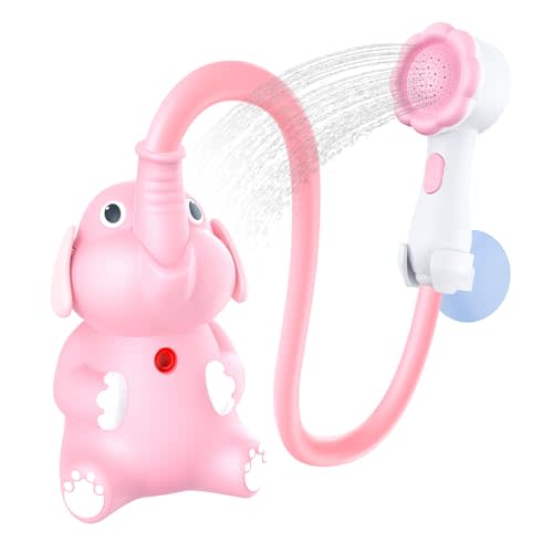 Baby Bath Shower Head for Kids Ages 1-3 Essentials, EDCREATY Rechargeable Cute Elephant Sprays Bathtub Toys with Rubber Hose Spout for 0 6 12 18 Months Babies Toddlers Infants Boys and Girls(Pink)