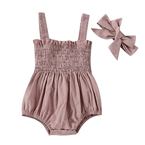 MERSARIPHY Newborn Baby Girl Summer Clothes Cotton Linen Bodysuit Romper Floral Pleated Tops with Headband