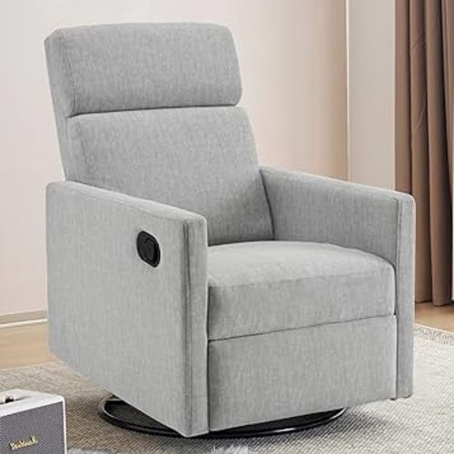 Swivel Rocking Recliner Chair for Adults, Rocker Nursery Glider Chair for Living Room, Upholstered Fabric Reclining Single Sofa Chair (Light Grey)