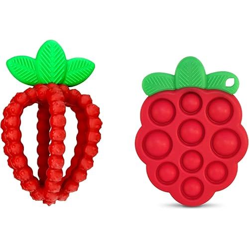 RaZbaby Silicone Infant and Baby Teething Toy Bundle - 3m+ - Soothe Sore Gums Back & Front with Natural Fruit Shape Designs