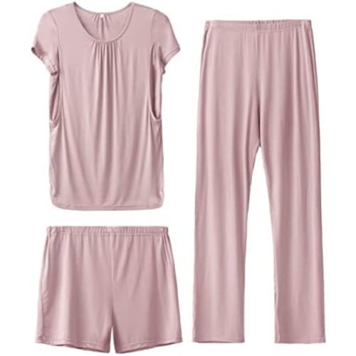 SUNNYBUY Womens Maternity Nursing Pajamas Set, Short Sleeve Breastfeeding Shirts,Pregnancy Shorts & Pants 3 Piece Nursing PJS