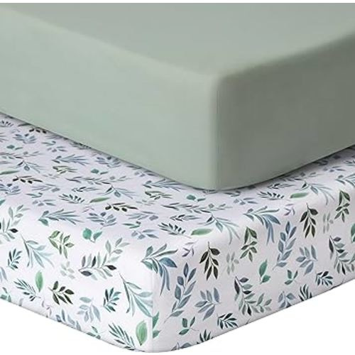 Baby Crib Sheets for Boys Girls, 2 Pack Fitted Crib Sheet for Standard Crib and Toddler Mattress, Soft Microfiber Baby Sheet 52x28x8in (Leaf & Green)