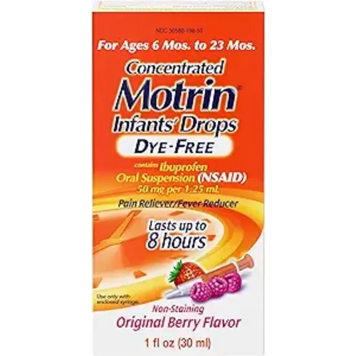 Motrin Infants' Oral Suspension Concentrated Liquid Medicine Drops with Ibuprofen, NSAID Fever Reducer & Pain Reliever for Babies, Dye Free, Alcohol-Free, Original Berry Flavor, 1 fl. oz