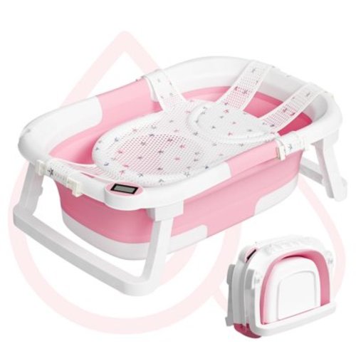 Aprpink Foldable Baby Bathtub PP+TPE with Soft Bath Net&Thermometer for 0-36 Months Toddler Dark Pink