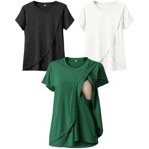 Rnxrbb Summer Nursing Tops for Breastfeeding T Shirts Short Sleeve Postpartum Clothes Sets 3 Pack Double Layer