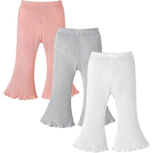 3 Pack Baby Girl Pants: Infant Solid Ribbed Flare Pants Cotton Pull On Bottoms Leggings for Toddler 0-24 Months