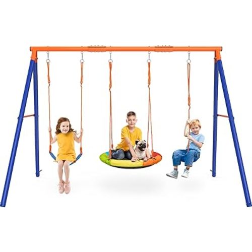 Swing Sets for Backyard, Outdoor Toys for Kids, Heavy Duty Metal A-Frame Swing Set Holds 440 lbs with 40" Saucer Swing, 26.2" Swing Seat and Tree Swing Disc