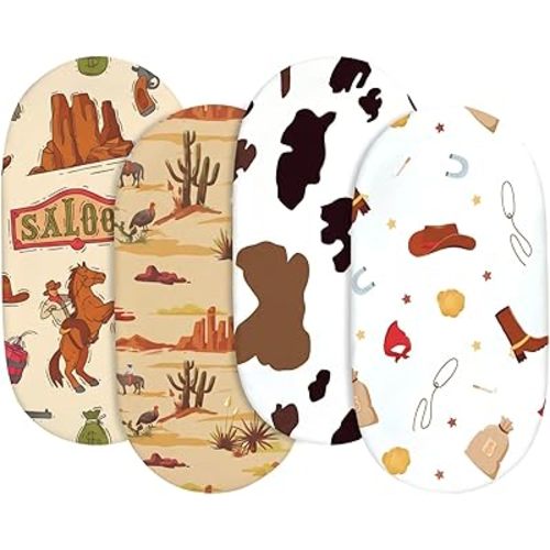 4 Pack Stretch Soft Baby Bassinet Sheet for Girls, Boys, Breathable Cozy Crib Sheets Fit for Hourglass Oval Rectangle, Bedside Sleeper Bassinet Sheets（Western Cowboy）