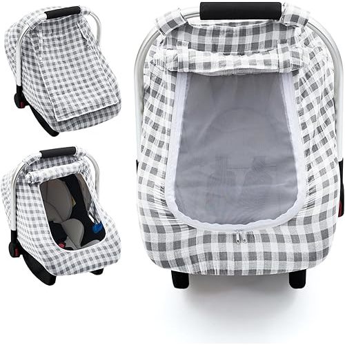 Muslin Car Seat Cover Baby, Carseat Cover with Screen Window, Baby Carrier Cover with Privacy Sun Shade, Infant Carseat Canopy for Summer, Breathable Car Seat Protector for Newborn