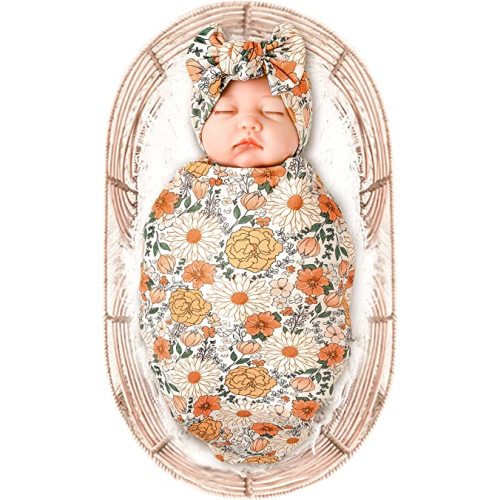 Konssy Baby Girl Newborn Receiving Blanket with Headband Set Baby Swaddle Nursery Swaddle Wrap