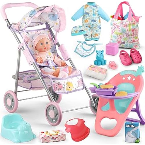 Baby Doll Stroller Play Set with 12.5" Baby Doll,Dining Chair, 2 Sets Clothes and 20 PCS Doll Accessories. Stroller Toy for 3, 4, 5, 6 Year Old Toddler Girls for Realistic Pretend Play.