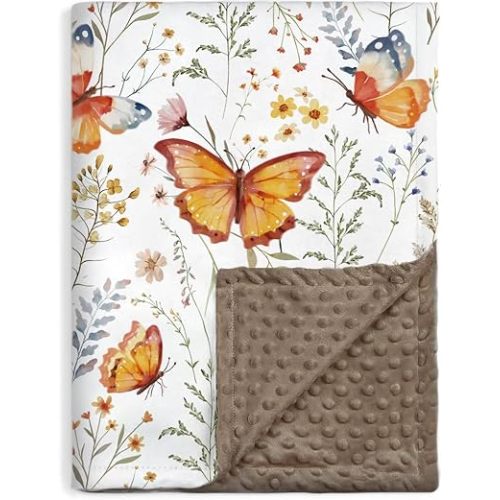 BORITAR Baby Blanket for Girls Soft Plush Minky Fabric Bed Blanket with Double Layer Dotted Backing, Elegant Butterfly Pattern for Infant Toddler Newborn 30 x 40 Inch