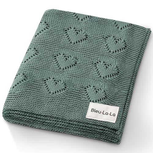 Bleu La La Heirloom Knit Heart Receiving Blanket for Boys and Girls - 100% Luxury Cotton Baby Blanket - Soft Warm Swaddle Receiving Receiving Blanket for Newborns Infants & Toddlers (Hunter Green)