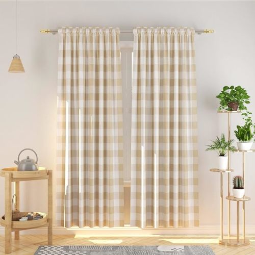 Buffalo Check Cotton Curtains 84 inch Length Kitchen Living Room Bedroom Beige and White Gingham Plaid Window Curtain Panels Basement Drapes 2 Panels Rod Pocket Window Treatment Set
