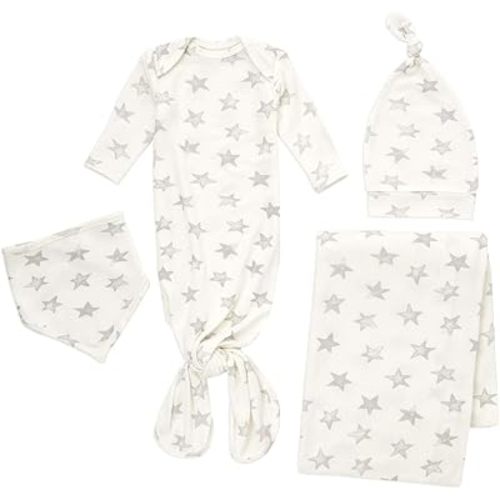 aden + anais Snuggle Knit Newborn Gift Set with Knotted Baby Gown, Swaddle Blanket, Infant Hat, and Bandana Bib, 0-3 Months, Star