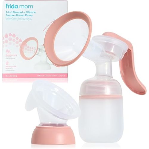 Frida Mom 2-in-1 Manual Breast Pump with Hands-Free Silicone Suction Cup, Milk Collector, Wireless Ergonomic Handle, and SoftFeel Flange for Breastfeeding